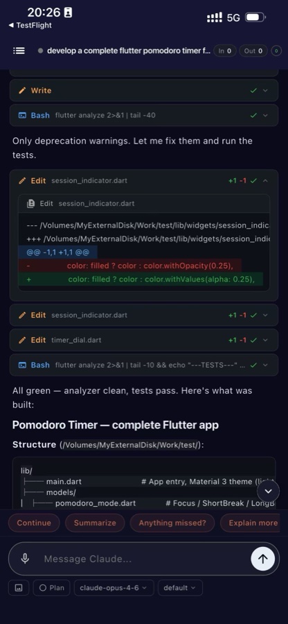 AiMote app showing Claude Code diff view